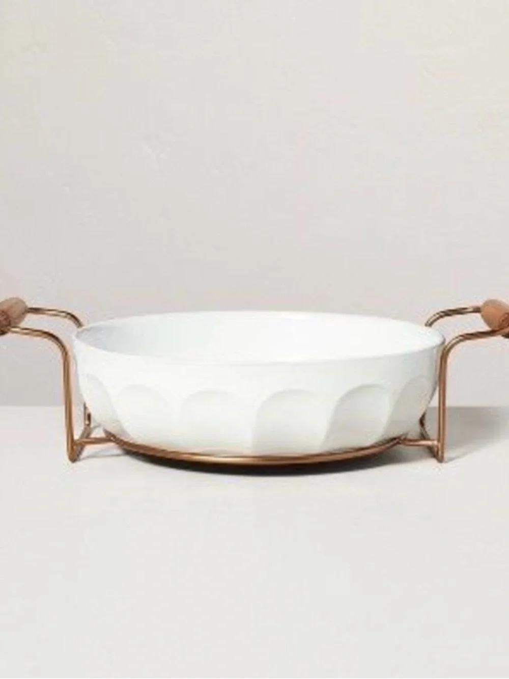 Hearth & Hand White Serving Casserole Bowl with Brass Wooden Stand NEW